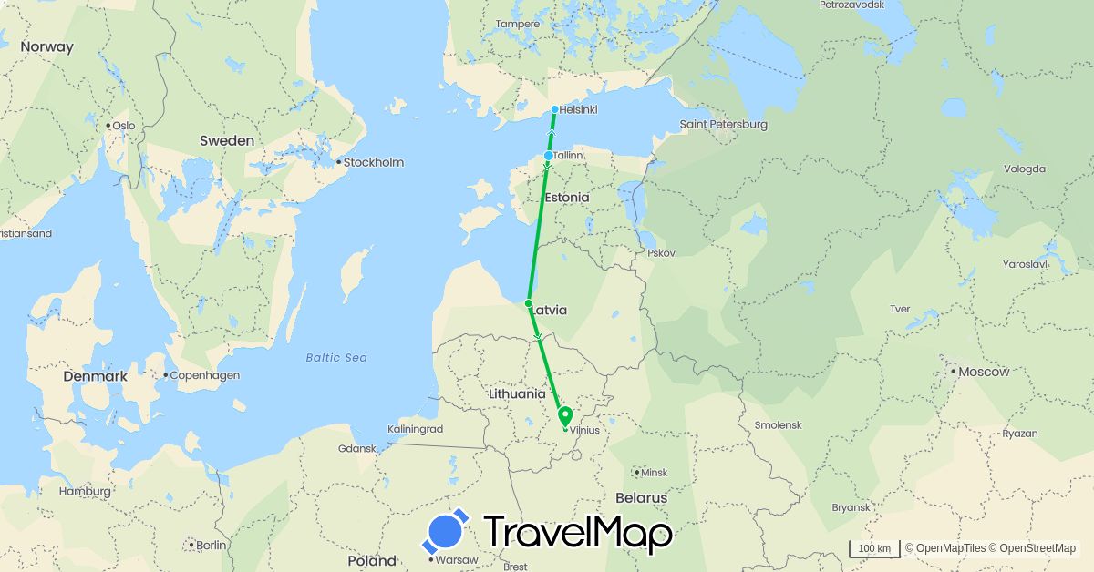 TravelMap itinerary: driving, bus, boat in Estonia, Finland, Lithuania, Latvia (Europe)